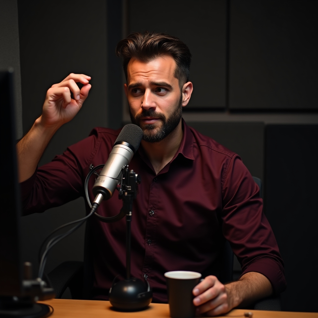 Gazdă podcast înregistrând un episod în studio